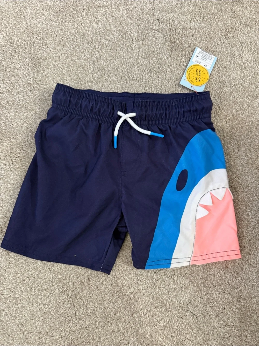 NWT Cat & Jack Navy Lined Swim Shorts with Blue and Pink Shark Boys 3T